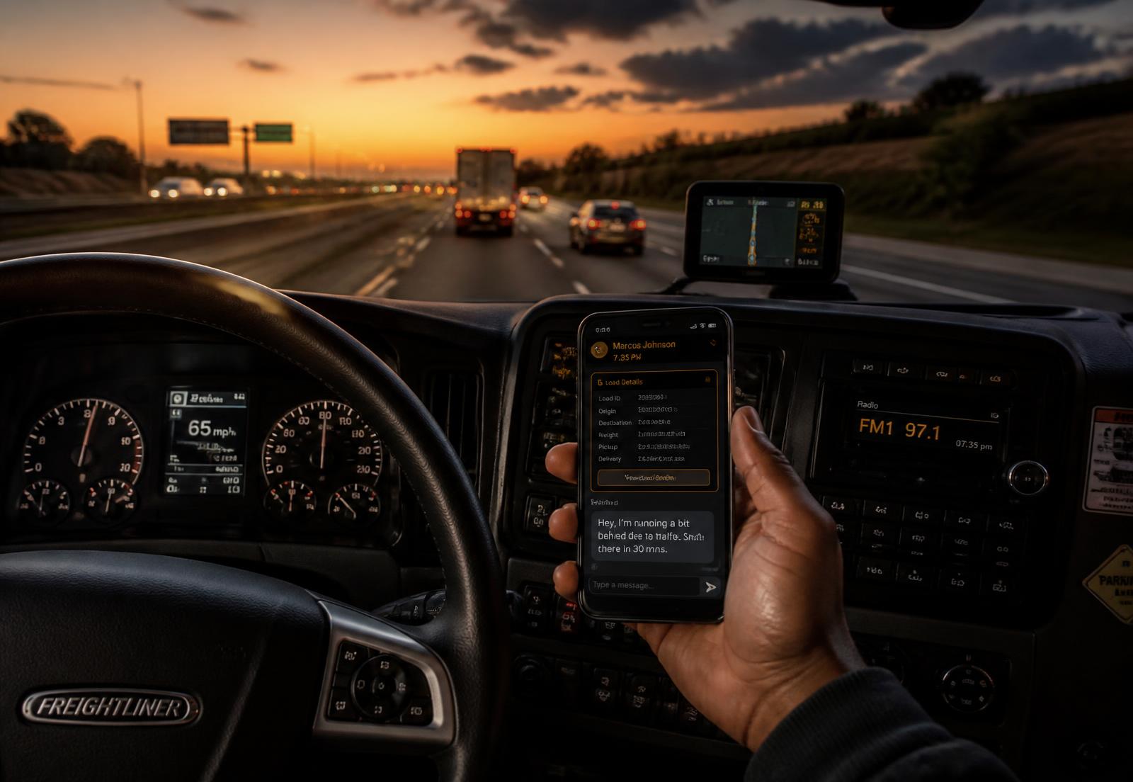 Driver's-eye view through a semi truck windshield at dusk, driver holding a phone showing The Driver's Edge