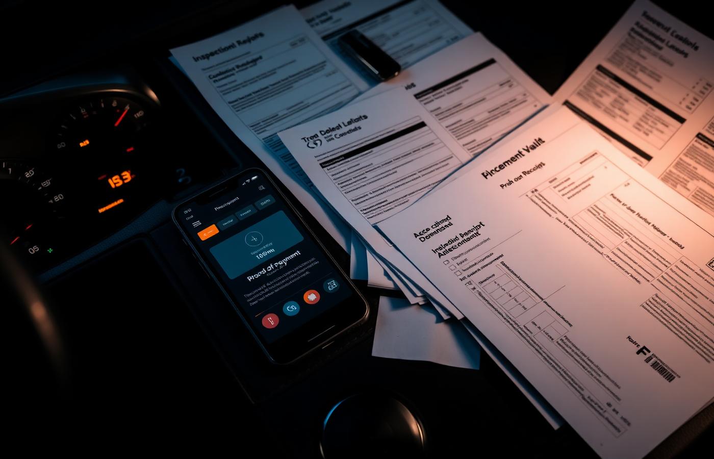 Inspection reports, citations and receipts on a truck dashboard beside a phone showing My Driver's Vault